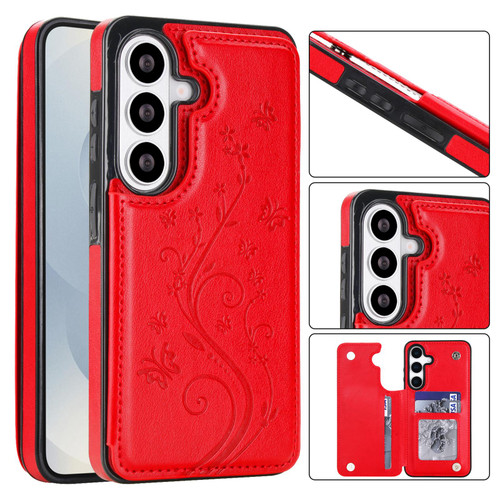 Samsung Galaxy S26+ Double Buckle Butterfly Embossing PU Phone Case - Red