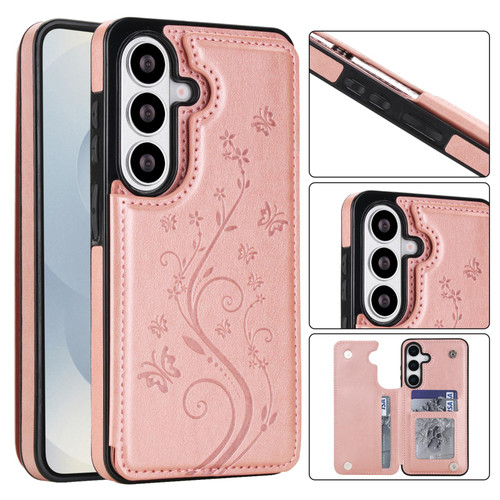 Samsung Galaxy S26+ Double Buckle Butterfly Embossing PU Phone Case - Rose Gold