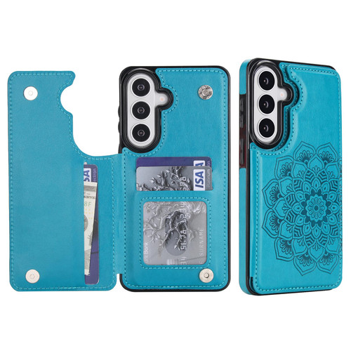 Samsung Galaxy S26+ Double Buckle Mandala Leather Wallet Back Cover Phone Case - Blue