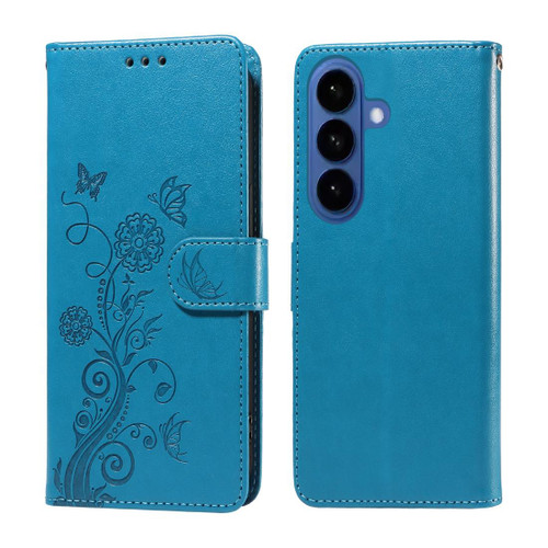 Samsung Galaxy S26+ Embossed Butterfly Flowers Leather Phone Case - Blue