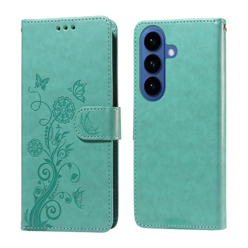 Samsung Galaxy S26+ Embossed Butterfly Flowers Leather Phone Case - Green