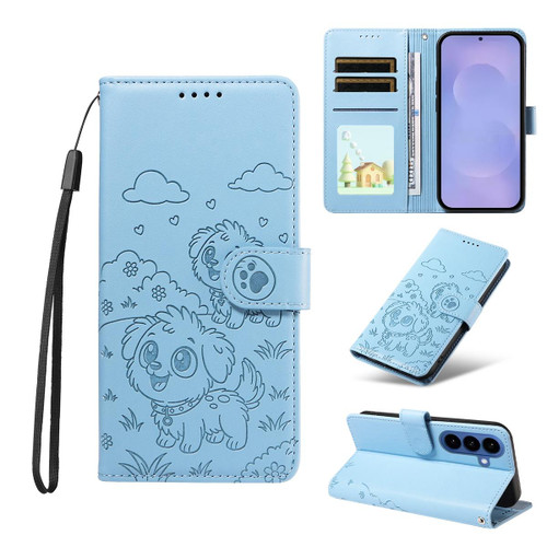 Samsung Galaxy S26+ Embossed Heart Dog RFID Blocking Wallet Leather Phone Case - Sky Blue