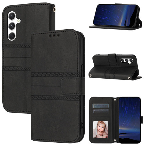 Samsung Galaxy S26+ Embossed Stripes Skin Feel Leather Phone Case - Black