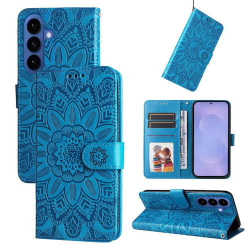 Samsung Galaxy S26+ Embossed Sunflower Leather Phone Case - Blue