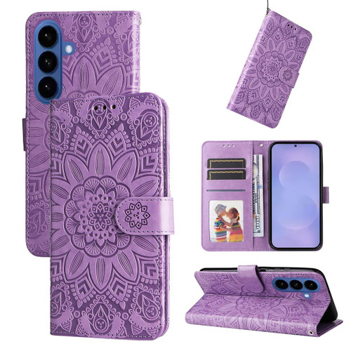 Samsung Galaxy S26+ Embossed Sunflower Leather Phone Case - Purple