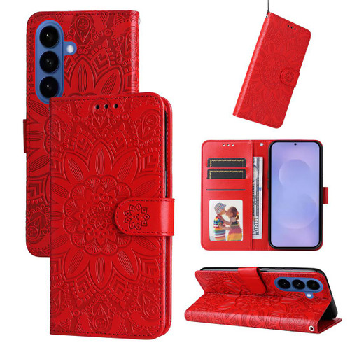 Samsung Galaxy S26+ Embossed Sunflower Leather Phone Case - Red