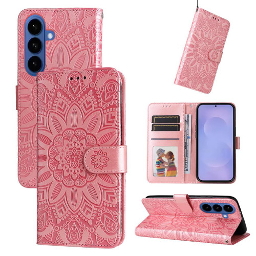 Samsung Galaxy S26+ Embossed Sunflower Leather Phone Case - Rose Gold
