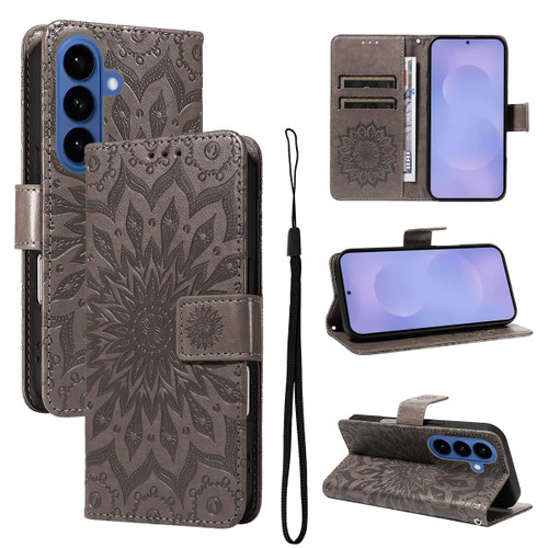 Samsung Galaxy S26+ Embossed Sunflower Pattern Flip Leather Phone Case - Grey
