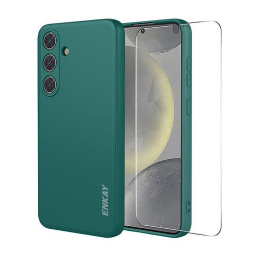 Samsung Galaxy S26+ ENKAY Liquid Silicone Soft Shockproof Phone Case with 0.18mm Ultrasonic Unlock Glass Film - Dark Green
