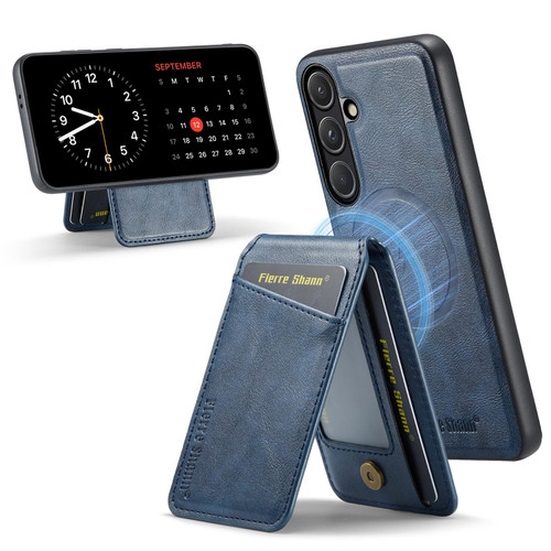Samsung Galaxy S26+ Fierre Shann Cowhide Vertical Flip Magnetic Card Holder Phone Case - Blue