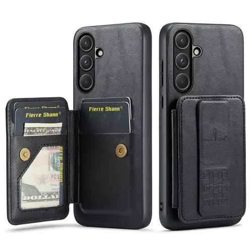 Samsung Galaxy S26+ Fierre Shann FS-024 Oil Wax Cow Leather Card Holder Back Phone Case - Black