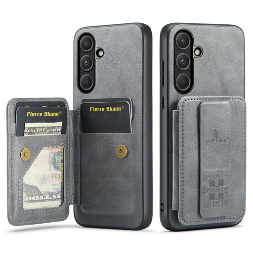 Samsung Galaxy S26+ Fierre Shann FS-024 Oil Wax Cow Leather Card Holder Back Phone Case - Grey