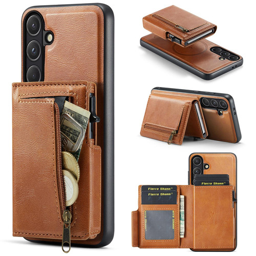 Samsung Galaxy S26+ Fierre Shann Oil Wax Vegan Leather Magnetic Card Holder Back Phone Case - Brown