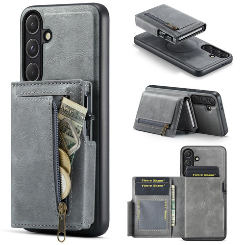 Samsung Galaxy S26+ Fierre Shann Oil Wax Vegan Leather Magnetic Card Holder Back Phone Case - Grey