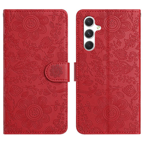 Samsung Galaxy S26+ Floral Embossed Pattern Leather Phone Case - Red
