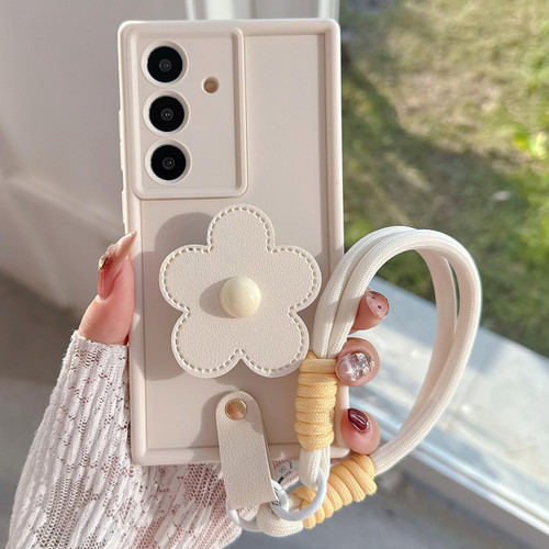 Samsung Galaxy S26+ Floral Holder TPU Phone Case with PU Buckle Lanyard - Beige