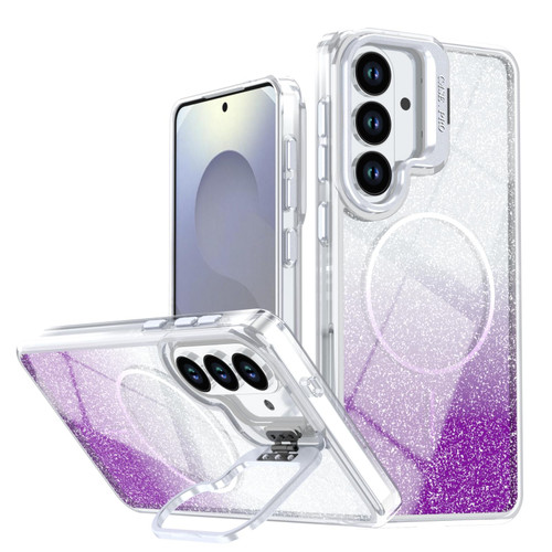 Samsung Galaxy S26+ Glitter Gradient Magnetic Lens Frame Holder Phone Case - Purple