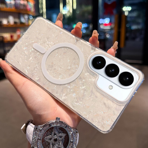 Samsung Galaxy S26+ Gold-plated Shell Texture Magnetic Phone Case - White