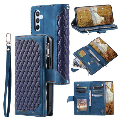 Samsung Galaxy S26+ Grid Texture Zipper Leather Phone Case with Lanyard - Blue