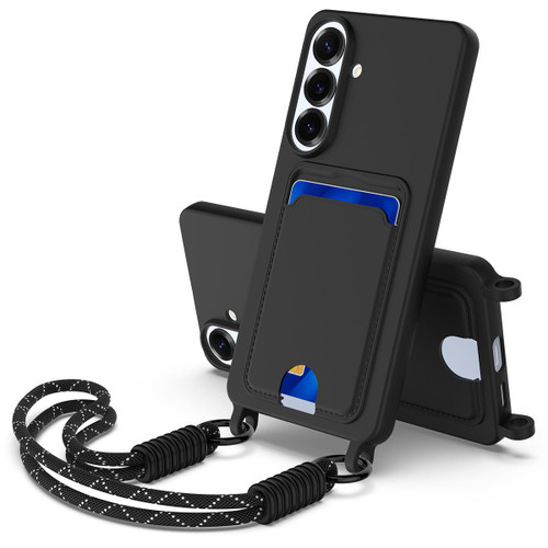 Samsung Galaxy S26+ Integrated Card Bag Solid Color Liquid Silicone Phone Case Gen2 with Short Lanyard - Black
