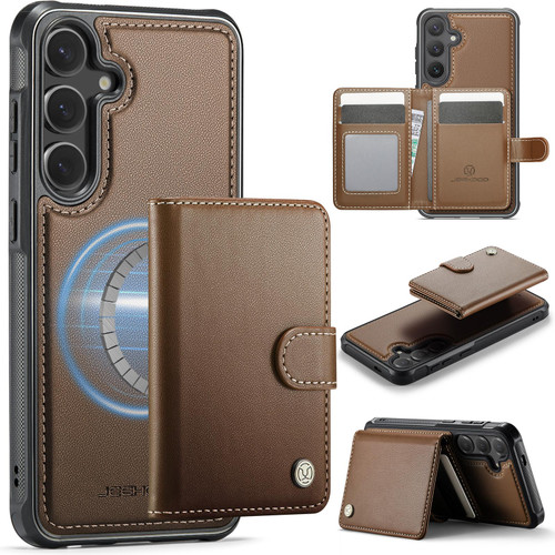 Samsung Galaxy S26+ JEEHOOD J09 Buckle Card Bag MagSafe Magnetic Style RFID Leather Phone Case - Brown