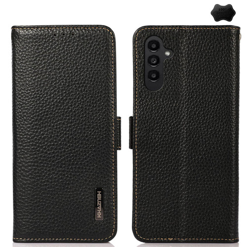 Samsung Galaxy S26+ KHAZNEH Side-Magnetic Litchi Genuine Leather RFID Phone Case - Black