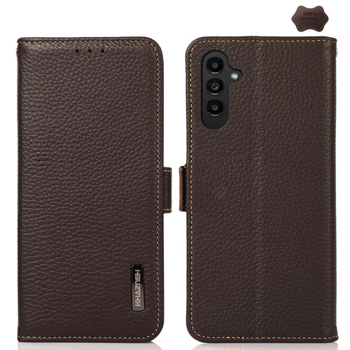 Samsung Galaxy S26+ KHAZNEH Side-Magnetic Litchi Genuine Leather RFID Phone Case - Brown