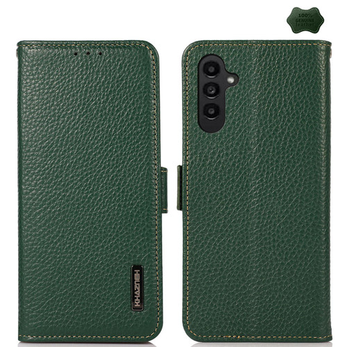 Samsung Galaxy S26+ KHAZNEH Side-Magnetic Litchi Genuine Leather RFID Phone Case - Green