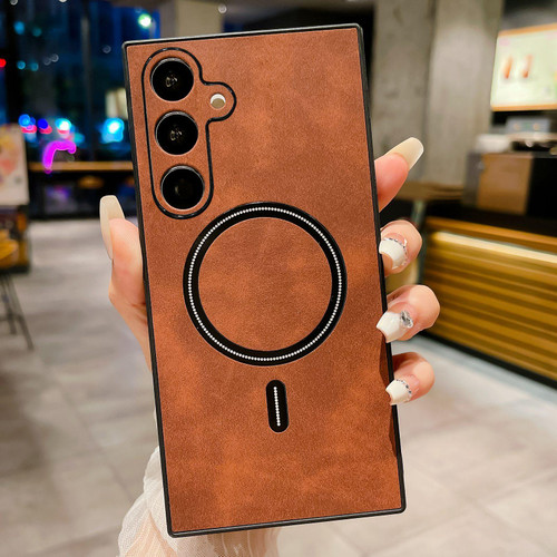 Samsung Galaxy S26+ Lambskin Faux Leather Magnetic Phone Case - Dark Brown