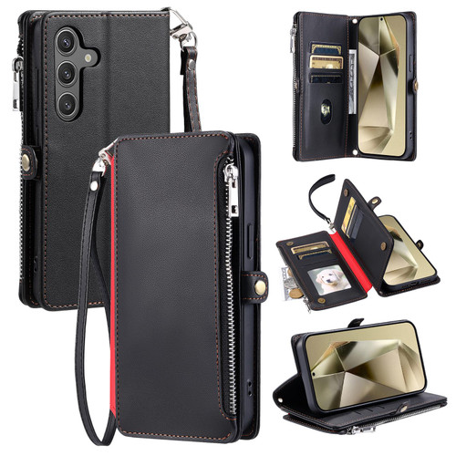 Samsung Galaxy S26+ Leather Stitching Multi-card Slot Zipper Phone Case - Black