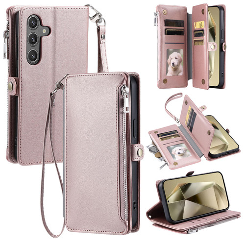 Samsung Galaxy S26+ Leather Stitching Multi-card Slot Zipper Phone Case - Rose Gold