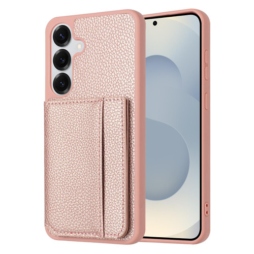 Samsung Galaxy S26+ Litchi Pattern Magnetic Card Bag Holder Phone Case - Rose Gold