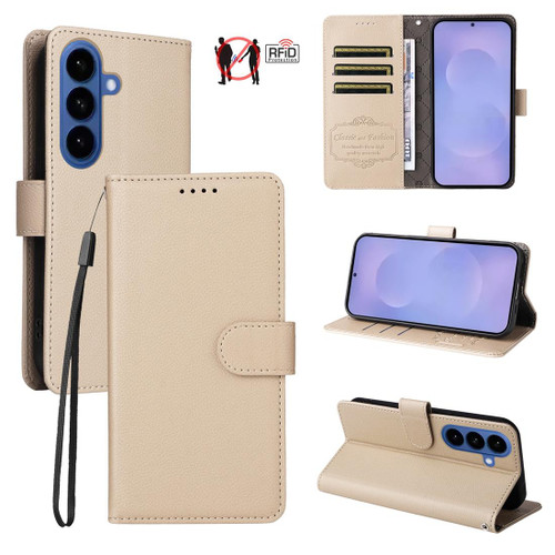 Samsung Galaxy S26+ Litchi Texture RFID Blocking 3-Card Wallet Leather Phone Case - Beige