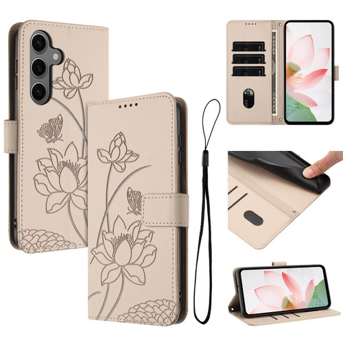 Samsung Galaxy S26+ Lotus Embossed Leather Phone Case with Lanyard - Beige