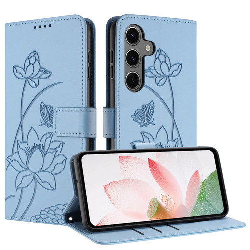 Samsung Galaxy S26+ Lotus Embossed Leather Phone Case with Lanyard - Blue