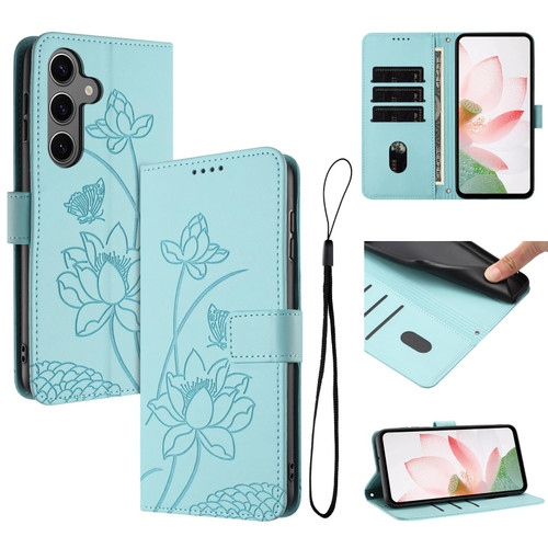 Samsung Galaxy S26+ Lotus Embossed Leather Phone Case with Lanyard - Green