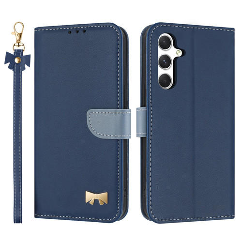 Samsung Galaxy S26+ Metal Bow Leather Phone Case with Hand Strap - Dark Blue