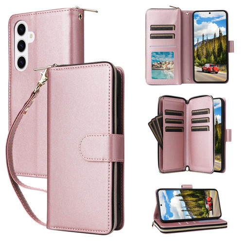 Samsung Galaxy S26+ Nine-card Slots Zipper Wallet Bag Leather Phone Case - Rose Gold