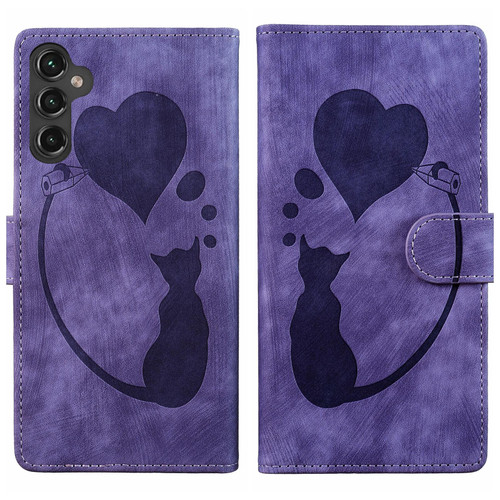 Samsung Galaxy S26+ Pen Heart Cat Embossed Leather Phone Case - Purple