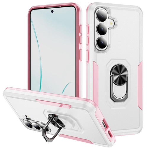 Samsung Galaxy S26+ Pioneer Armor Heavy Duty PC Hybrid TPU Phone Case with Holder - White+Pink