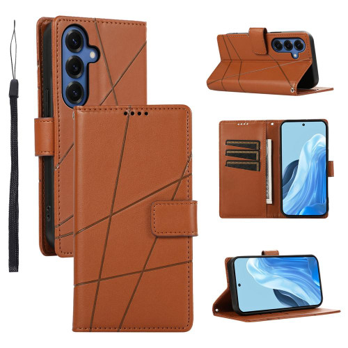 Samsung Galaxy S26+ PU Genuine Leather Texture Embossed Line Phone Case - Brown