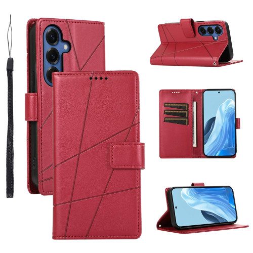 Samsung Galaxy S26+ PU Genuine Leather Texture Embossed Line Phone Case - Red