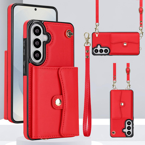 Samsung Galaxy S26+ RFID Card Slot Phone Case with Long Lanyard - Red