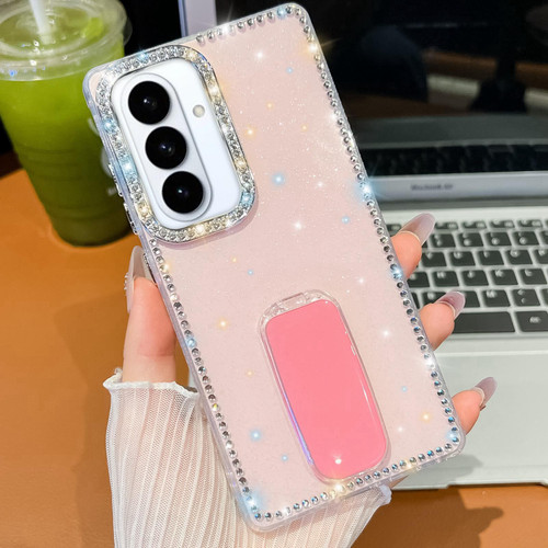 Samsung Galaxy S26+ Rhinestone Glitter TPU 4-corners Anti-fall Phone Case with Holder - Light Pink