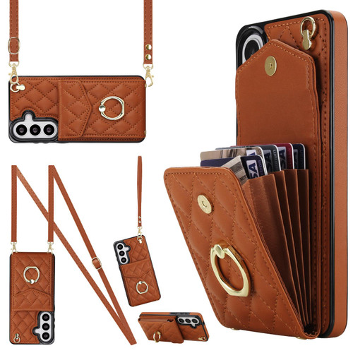 Samsung Galaxy S26+ Rhombic Texture Card Bag Phone Case with Long Lanyard - Brown