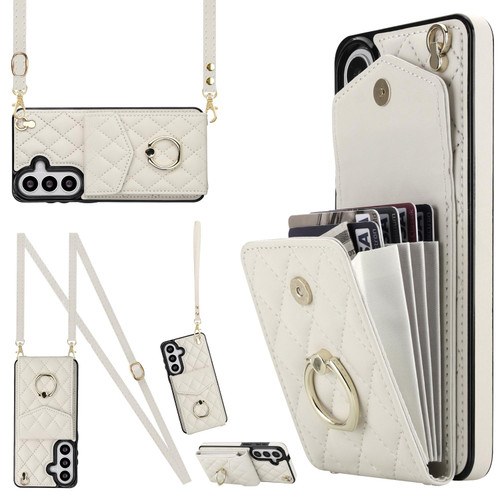 Samsung Galaxy S26+ Rhombic Texture Card Bag Phone Case with Long Lanyard - White