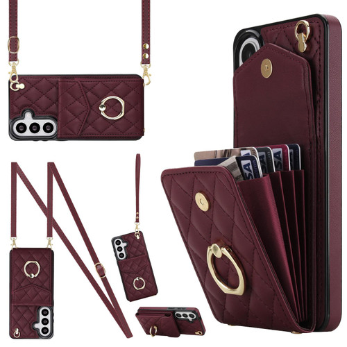 Samsung Galaxy S26+ Rhombic Texture Card Bag Phone Case with Long Lanyard - Wine Red