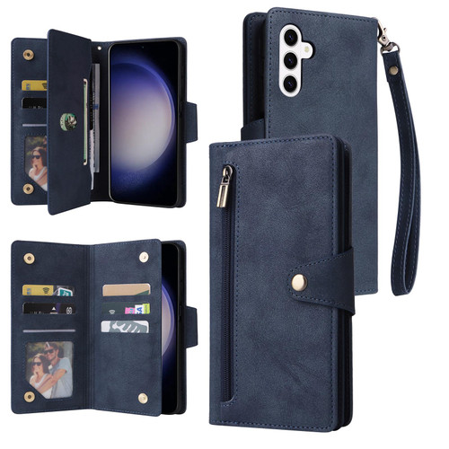 Samsung Galaxy S26+ Rivet Buckle 9 Cards Three Fold Leather Phone Case - Blue