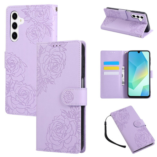 Samsung Galaxy S26+ Rose Flower Embossed 3-Card Slots Leather Phone Case - Purple