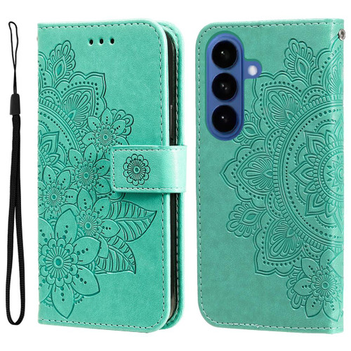 Samsung Galaxy S26+ Seven-petal Flowers Embossing Leather Phone Case - Green